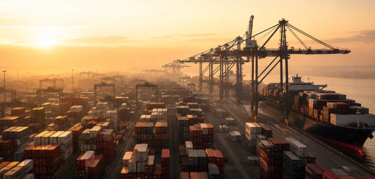 Vista aérea de terminal portuário de contêineres ao amanhecer, ilustrando a balança comercial de julho de 2026