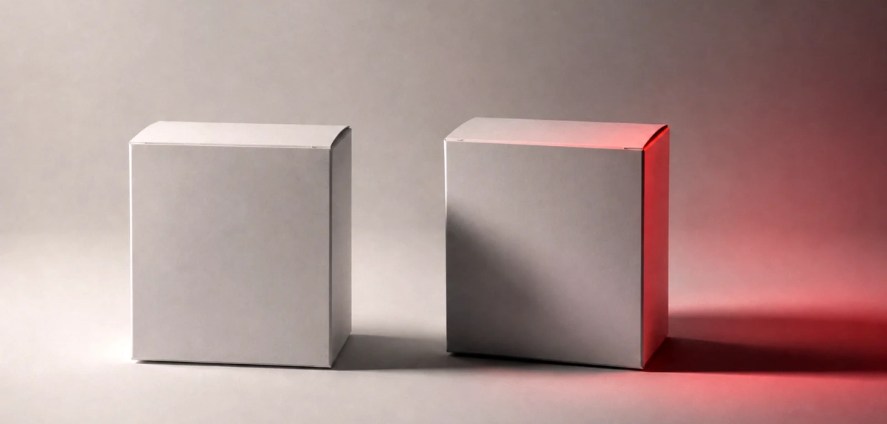 Duas caixas de produto idênticas lado a lado, a da direita destacada por luz vermelha, ilustrando como a proposta de valor muda a percepção do cliente